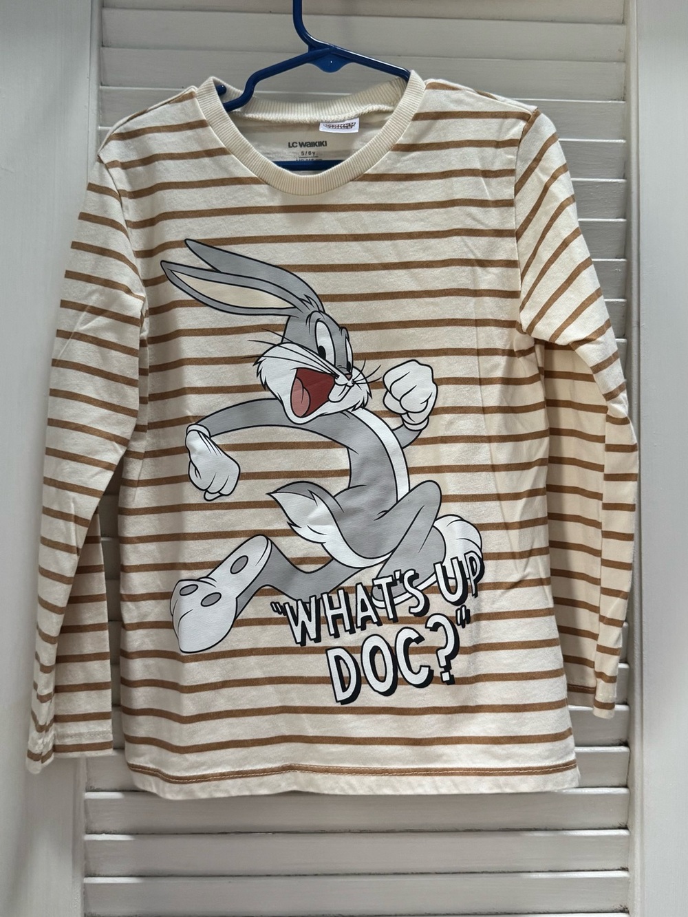 LC Waikiki Beige Striped Bugs Bunny 'What's Up Doc?' Long-Sleeve Tee